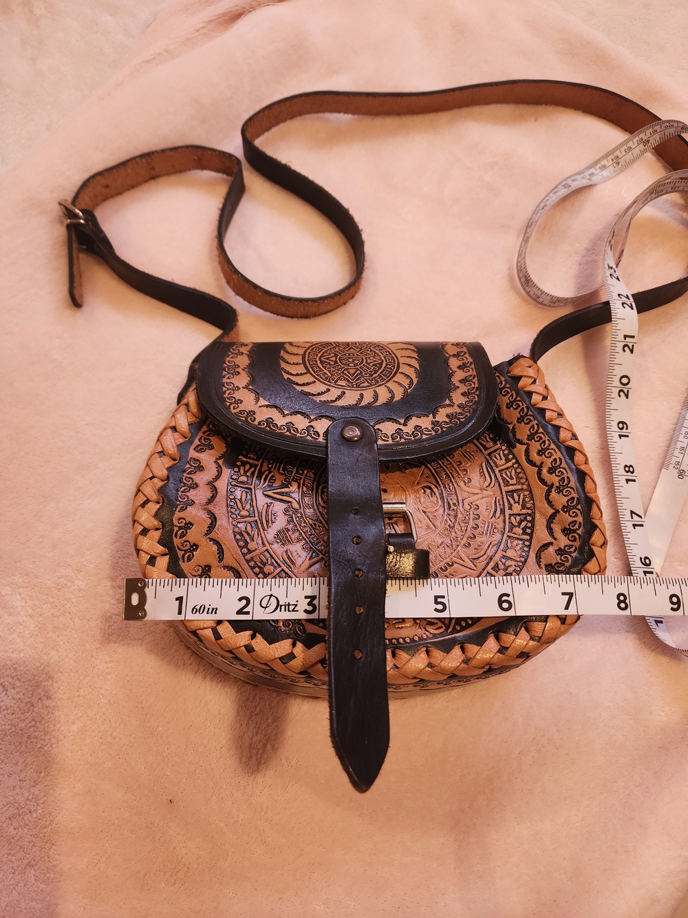 Hand-Tooled Leather Crossbody Bag - Black and Tan